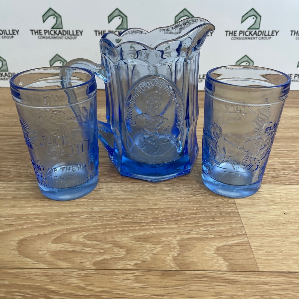 Tiara Glass Blue Nursery Rhyme Pitcher and Tumbler Set Jack and Jill 3 Piece